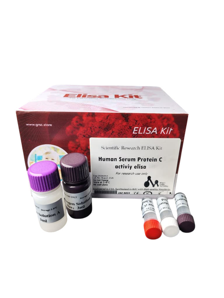 Getstart Research Store Human Serum Protein C Activity ELISA Kit for research use, includes reagents in vials and a box.